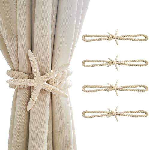 4 fermatenda in legno naturale a forma di stella marina, 4 pezzi, in stile oceano, fatti a mano, per casa, ufficio, finestre