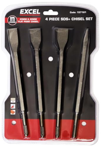 Excel Professional SDS Plus Hammer Drill Chisel Set - 4 Piece Set for Concrete, Masonry, Chiseling, Breaking and Stone, Flat Stone Chisel, Point Stone Chisel