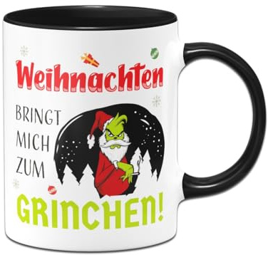 Tassenbrennerei Grinch Tasse - Weihnachten bringt mich zum Grinchen! - Weihnachtstasse mit Spruch lustig - Kaffeetasse, Bürotasse (Schwarz)