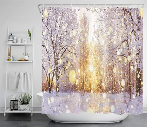 Duschvorhang 240x200 cm Winter, aus Stoff Polyester Waschbar Anti Schimmel Zeder Shower Curtains, Duschvorhänge Curtains mit 12 Haken, A2177
