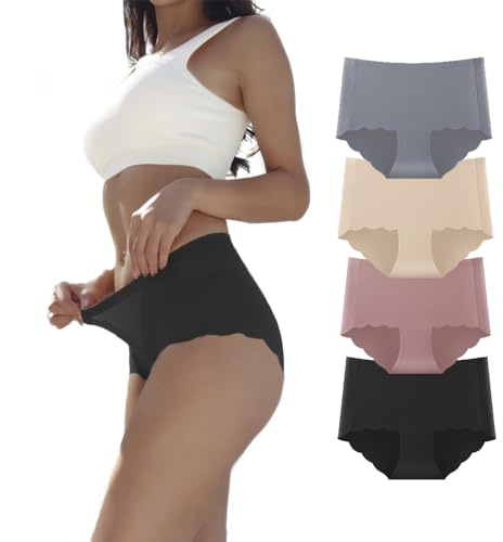 Dumwis Women's Seamless Knickers, No VPL Pants - Stretch, Invisible Mid-High Waist Microfibre Ladies Briefs - No Show Full Coverage Hipster Multipack of 4