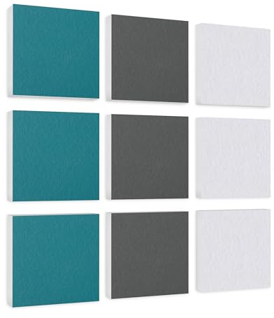 platino24 Akustikpaneele 9 Elemente Colore Quadrat 27,5 x 27,5 cm Petrol + Grau + Weiß I Schallabsorber aus Basotect G+ mit Akustikfilz I Schalldämmung Wand & Decke I Akustikelemente Wandpaneel