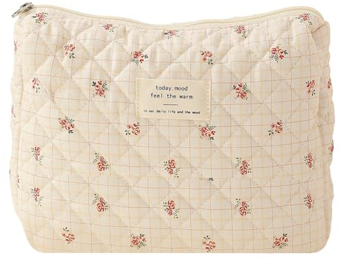 Starnearby Trousse de Toilette Matelassée Femme en Coton Doux, Trousse de Maquillage Fleurie, Pochette de Rangement Maquillage, Pochette Matelassée Maquillage, Trousse Cosmétique de Voyage