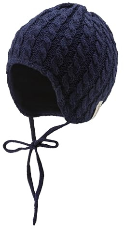 Sterntaler Strickmütze mit Zopfmuster - Unisex Babymütze, gefüttert mit wärmendem Baumwollfleece - Wintermütze mit Ohrenklappen und Bindeband- Marine, 47