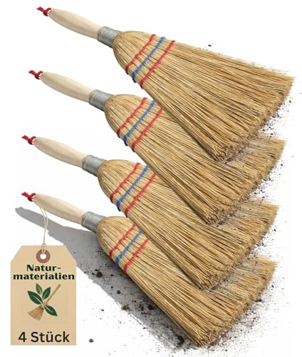 Novatool 4X Kleiner Besen Reisigbesen mit Stiel kurz 28cm Strohbesen Kinder Hexenbesen klein Garden Broom MINI Besen klein IDEAL als Kinderbesen & Campingbesen