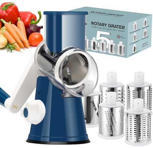 Ourokhome Rotary Cheese Grater Crank Grater Mandolin Kitchen Mandolin Ice Shaver with Handle and Drum Blades for Cheese, Vegetables, Nuts, Chocolate, Potatoes, Carrot, 5 Blades, Blue