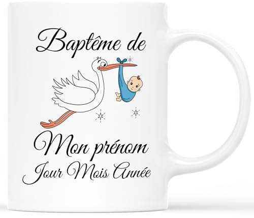 𝗖𝗔𝗗𝗘𝗔𝗨 𝗣𝗟𝗨𝗦 Mug Personnalisé Prénom - Cigogne portant un Bébé - Baptême Personnalisable Prénom et Date - Cadeau Baptême, Naissance Bébé, Mug Baptême, Marraine Parrain
