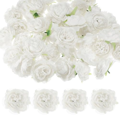M METERXITY 40-Pack Artificial Flower Heads, 3.15 Inch Silk Faux Peony Head for Wedding/Bouquet/Party/Home Decorations, No Stem Fake Peonies Flowers [White]