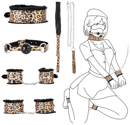 BDSM Fesseln Sex Set Bondage Set 6 Stück Leopardenmuster SM Bondage Set Handschellen Fußschellen Sex Bett Halsband Peitsche Knebel bdsms