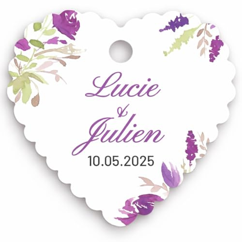 Lot d'étiquettes personnalisées coeur, mariage, communion, prénoms des mariés et date, floral, violet lavande, typographie au choix, étiquettes perforées à attacher, cadeaux invités, 3,5cm