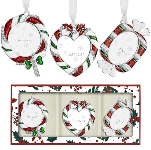 Mulumu 2024 Weihnachtsbaumschmuck, 3-teiliger Bilderrahmen zum Aufhängen, dekoratives Andenken, Geschenk, Anhänger mit 6,3 cm Fotoeinsatz für Bild von Haustieren, Familie (Lutscher, Herz, Süßigkeiten)