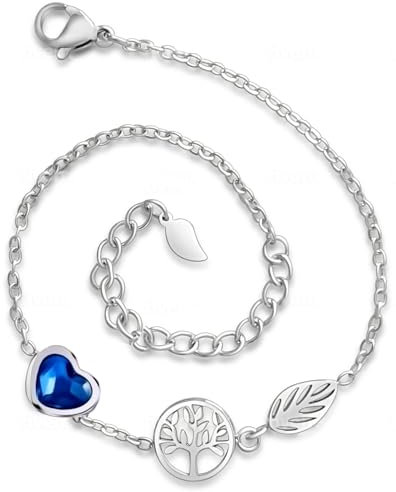 Bijoux Acier inoxydable. Bracelet Femme Arbre de Vie Avec Une Feuille et Un Coeur Bleu en Cristal. Cadeau pour Anniversaire, Original, La Fete des Meres, Noël (Arbre de Vie + Feuille – Bleu)