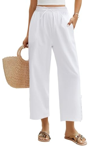 Niwicee Pantalones Mujer Verano Cintura Alta Elástico Pantalón de Pierna Ancha Casual Algodón Pantalón Fluido Playa de Salón con Bolsillos 7/8 Largo(Blanco,XL)