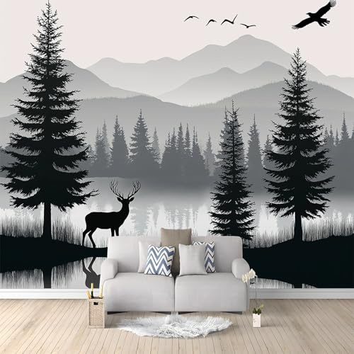 Photo Wallpaper Silhouette Forest Lake Deer Pine Tree Bird Murals, Grey Wall Mural Photo Wallpaper, 200 x 140 cm Wallpaper Mural Wall Art for Living Room Bedroom Children's Room Corridor