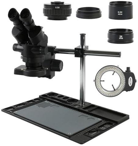SBCGFY Mikroskop-Zubehör-Set, 3,5- bis 90-facher kontinuierlicher Zoom, trinokulares Stereomikroskop, 144 LED-Ringlicht zum Löten von Leiterplatten, Telefonreparaturplattform, Mikroskop-Objektträger