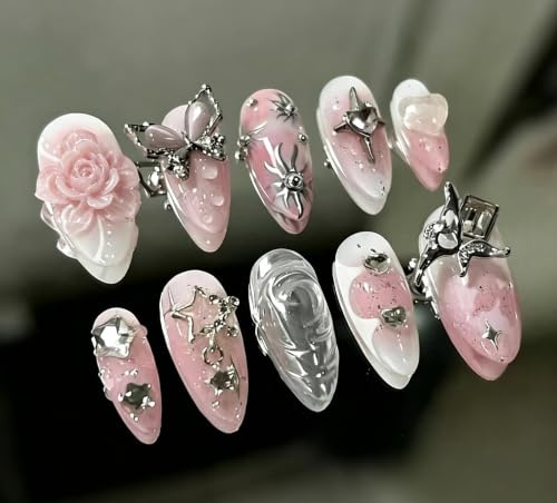 MouyouGlow 30 Stück Press on Nails Kurz,Almond Rosa 3D Silber Schmetterling Charms Herz Diamant Sterne Y2K Design Mandel Fake Nails,Baby Pink Strass Sweet Summer INS Artificial Künstliche Fingernägel
