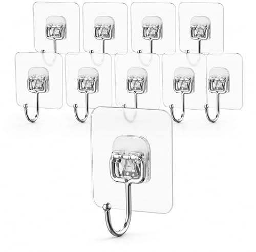 EOSWRU Selbstklebende Haken Größe - 10 Stück Klebehaken Extra Stark (Max 15kg) Klebehaken Transparent Wasserdicht und Ölfest -Mehrzweckhaken Decke für Küche Bad