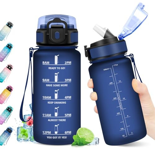 Gourde Enfant 500ml, Gourde avec Paille sans BPA, Bouteille d'eau Étanche, Gourdes Motivation, Gourdes Sport avec Marqueur de Temps, Bouteille Réutilisable pour l'école, Sport, Bureau, Camping