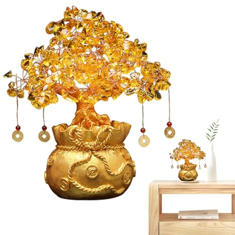 Fortune Tree - Citrine Crystal Money Bonsai | Chinese Wealth Attracting Coin Tree, Handmade Positive Energy Decor For Business & Study, Sparkling New Year Gift With Golden Prosperity Stones