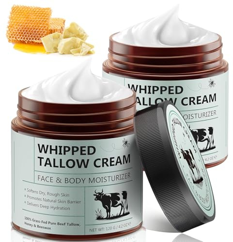Crema de sebo de res para cara y cuerpo, 100% ganado con pasto, crema hidratante natural de miel y cera de abeja, hidratación profunda y cuidado, bálsamo de sebo batida de absorción rápida (2)