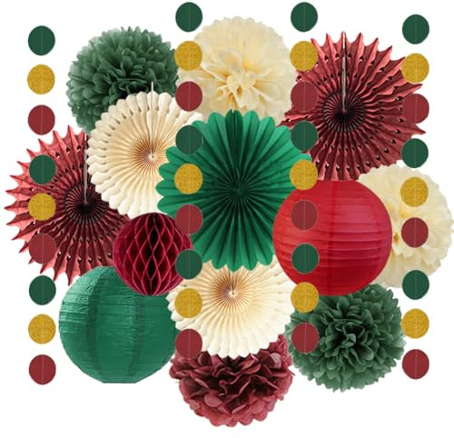 Christmas Party Decorations Red Green Vintage Christmas Paper Decorations Paper Fans Paper Pom Poms Honeycomb Balls Hanging Circle Dots Garland for Xmas New Year Eve Hanging Party Decor