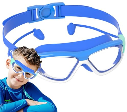 Tanxier Lunettes de Natation | avec Bouchons d'Oreilles Lunettes Aquatiques,Grande Monture Protection UV Anti-Buée Antidérapantes Étanches Ajustement Confortable Sans Fuite 2-14 Ans Plage
