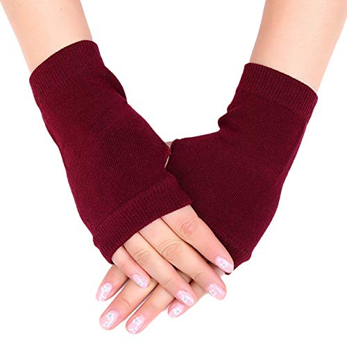 Fingerlose Handschuhe, Unisex, Baumwolle, gestrickt, einfarbig, dehnbar, Daumenloch, Handgelenklänge, Fahrhandschuhe, Winterhandschuhe, weinrot, One size