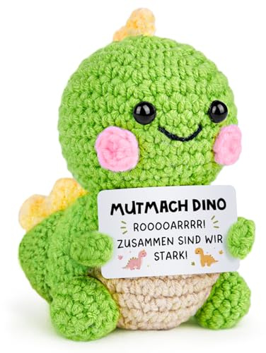 Giftasy Mutmacher Geschenk, Handgehäkelter Dino mit Botschaft, Du schaffst das Geschenk, Motivationsgeschenk, Glücksbringer