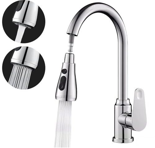 Robinet Cuisine avec Douchette Extractible, Mitigeur Cuisine Chrome Poli Bec Pivotant à 360°, Robinet Arc Élevé Haute Pression Flexible Modes Pulvérisation 2, Mélangeur Evier Eau Chaude Froide Unique