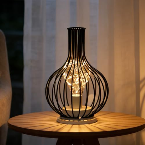 WRQIOO Tischleuchte Vintage Lampe, Tischlampe Batteriebetrieben in Käfigform, Kabellose Tischlampe mit LED Warmer Lichterkette, Retro Tischlam-pe für Wohnzimmer, Nachttisch, Esszimmer, Garten