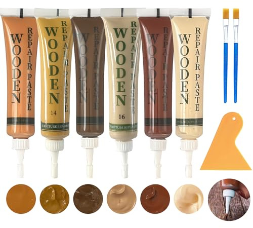 6 Pcs Laminat Reparaturset Holz Spachtelmasse Holzmöbel-Reparaturset, Holzkitt Spachtelmasse Holzpaste Reparatur Dauerhaft Natürliche Schönheit für Reparieren Kratzer Risse Mit 2 Pinsel 1 Schaber