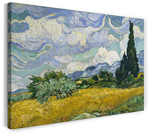 Printed Paintings Stampa su Tela con Telaio (60x40cm): Vincent Van Gogh - Campo di Grano con cipressi (1889) - Quadri Moderni