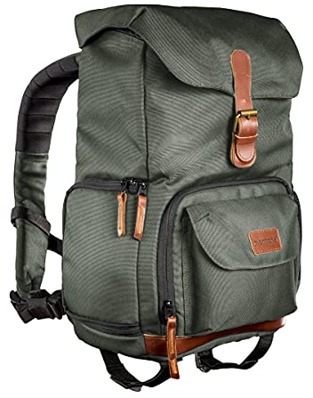 Mantona Luis junior Retro Fotorucksack grün mit Leder, Kamerarucksack inkl. Regenschutzhülle, Fototasche mit Laptopfach, Backpack geeignet für 1 x DSLR-Kamera, 1-2 Objektive und diverses Fotozubehör