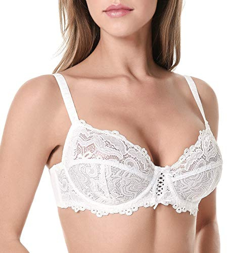 WingsLove Women's Floral Lace Bra Underwire Non Padded Soft Cup Full Coverage White 36C