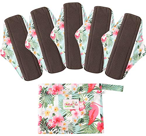 5 Stück Waschbare/Wiederverwendbare Slipeinlagen mit Holzkohle Absorbency Menstruation-Pads Waschbare Stoffbinden, Wiederverwendbare Binden,mit 1 Tragbare Mini Tasche (Klein- 20cm/8.2 inch, rot&grün)