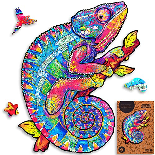UNIDRAGON Original Holzpuzzle — Schillerndes Chamäleon, 107 Teile, Klein 7.5 x 9.5 Zoll (19 x 24 cm) Schöne Geschenkverpackung, Einzigartige Form Erwachsene und Kinder