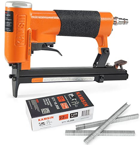 KAMSIN KN7116 Agrafeuse pneumatique pour tapisserie, pistolet d'agrafage à fil fin, kit d'agrafeuse avec 10 000 pièces de longueur de jambe de 6 mm, agrafes de couronne de 9 mm pour le travail du bois