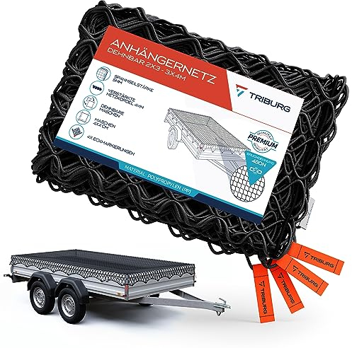 TRIBURG Filet de remorque Extensible 2x3 m à 3x4 m - Filet de remorque élastique avec marquage des Coins et Corde en Caoutchouc - Filet d'arrimage de Charge élastique