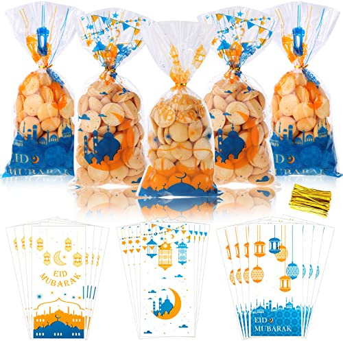 DPKOW 105 Stück Eid Mubarak Geschenktüten, Islamische Muslimische Cellophantüten Eid Mubarak Zellophanbeutel mit Twist Krawatten, Süßigkeiten Plätzchentüten für Eid Home Tischdekorationen, 3 Stile