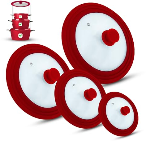 M.S.N Set di 4 coperchi universali in vetro, 4 pezzi, pentole e padelle 16/18/20 cm e 20/22/24 cm e 24/26/28 cm e 28/30/32 cm, con valvola di scarico e bordo in silicone (rosso)
