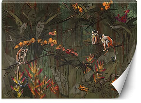 Feeby Fototapete Dschungel Affe Blätter 350x245 cm Grün XXL Vlies Wandtapete Tapeten Wohnzimmer Schlafzimmer Jugendzimmer Moderne Design Wandbild Wand Dekoration Tropen Exotisch Blumen