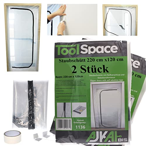 ToolSpace | Lot de 2 Portes de Protection Anti-Poussière avec Fermeture Éclair | 220 x 120 cm | TYPE C | Facile Montage | Réutilisable, Durable | Zippée | Bache de Protection Transparente Rénovation