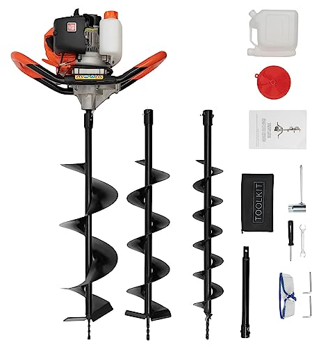SHZICMY Benzin Erdbohrer mit 3 Bohraufsätzen 100/150 / 200 mm, 52CC 2-Takt Benzin-Erdlochbohrer Zaunpfosten Bagger 1460W Leistung Pfahlbohrer Gartenbohrer