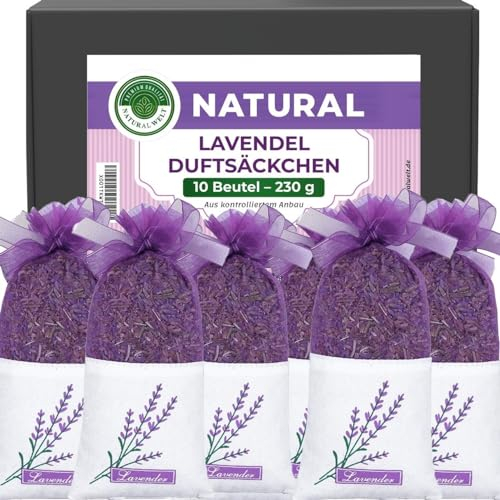Natural Welt 10 Lavendelsäckchen mit 230 g getrockneten Lavendelblüten I Duftsäckchen für Kleiderschrank: 10x23g voll Lavendelblüten getrocknet Mottenschutz für Kleidung, Auto Duft, Raumduft