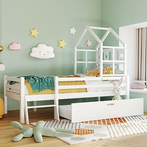 Tcewhhy Kinderbett 90x200 cm Hausbett Mit Leiter Und Schubladen Jugendbett Mit Lattenrost Und Rausfallschutz Bettgestell Massivholz Für Kinder Und Jugendliche Einzelbett Weiß
