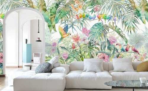 Kalodity 3D Papier Peint Panoramique Jungle Soie Tropicale, 410 X 280 cm Coloré Plantes Fleur, Feuille, Oiseau Perroquet Grandes Murales Poster pour Salon, Adulte Chambre d'enfants, Étude Décoration