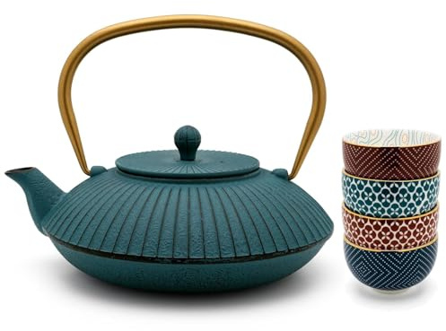 Bredemeijer blaue flache Teekanne 1.1 Liter Gusseisen - Gusskanne Set im asiatischen Look & Edelstahl Tee-Filter Sieb-Einsatz für losen Tee & 4 Porzellan Tee-Becher