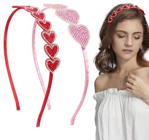 2 PCS Glitter Love Heart Headband, Red Pink Sequin Rhinestone Heart Headband for Women Girls Wedding Birthday Party Decorations