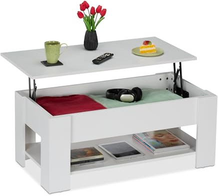 Relaxdays fällbart soffbord HBT: 42 x 98 x 50 cm, vardagsrumsbord med förvaringsutrymme, extra förvaringsyta, modern, vit