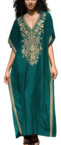 YouKD Caftano floreale ricamato, bohémien, costume da spiaggia, copricostume lungo da donna, K Green, Etichettalia unica